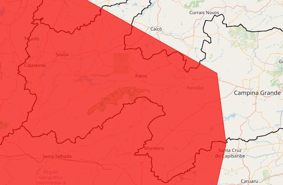 Alerta vermelho de chuvas intensas atinge mais de 100 cidades da Paraíba — Foto: Reprodução / Inmet