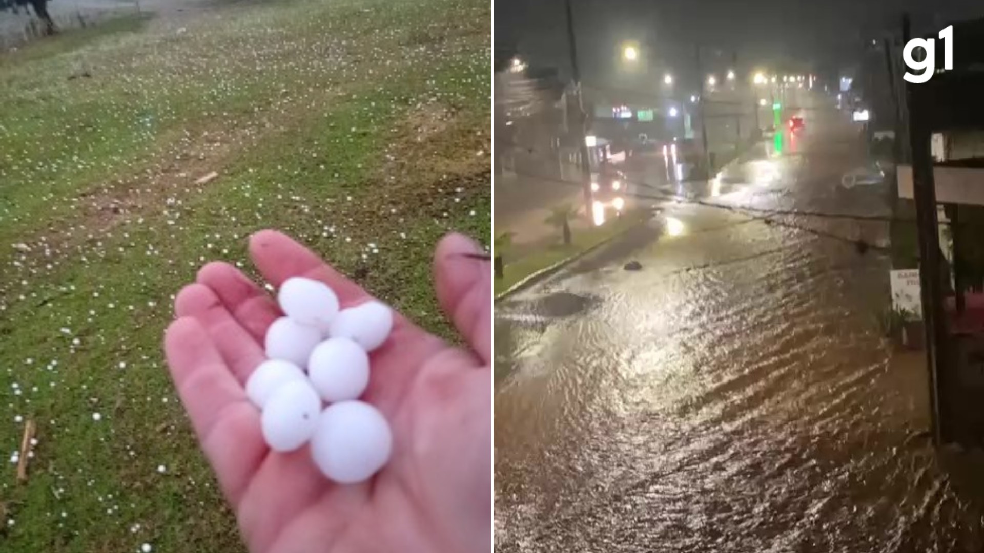 Granizo em 2 regiões: RS tem campo coberto de gelo no Centro e chuva torrencial com alagamentos no Norte; VÍDEOS