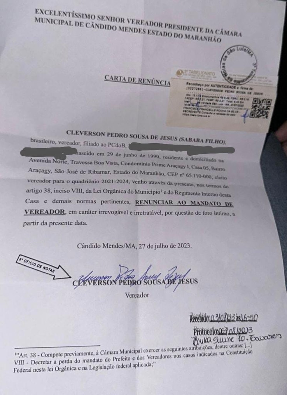 Carta de renúncia do vereador Sababá Filho de Cândido Mendes. — Foto: Divulgação