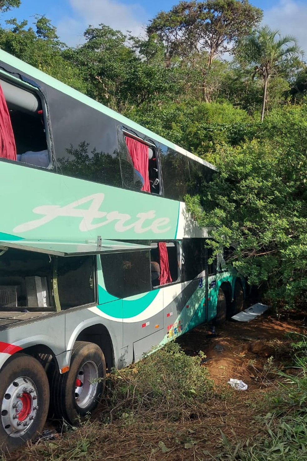 Ônibus saiu da pista após batida — Foto: Reprodução/Redes Sociais
