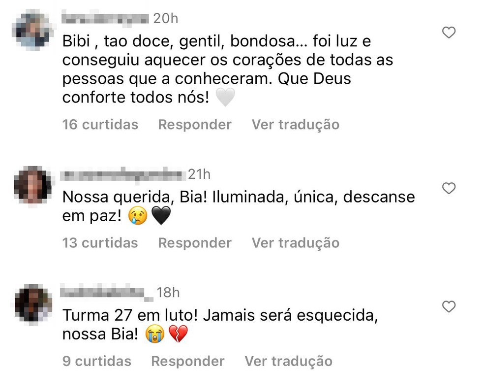 Nos comentários, pessoas que estudaram com Beatriz lamentaram a morte da estudante. — Foto: Reprodução/Redes Sociais