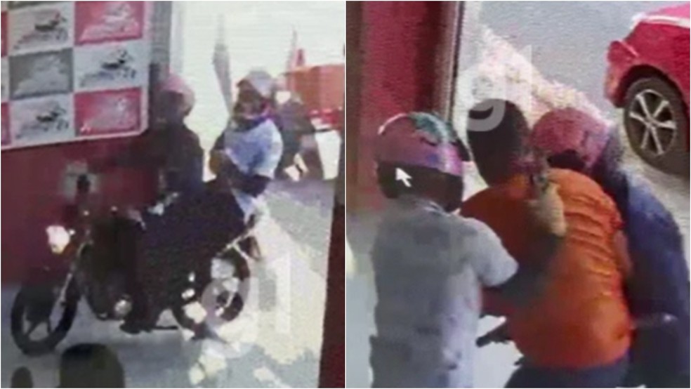 A dupla chega em uma motocicleta e assalta o PM. — Foto: Reprodução