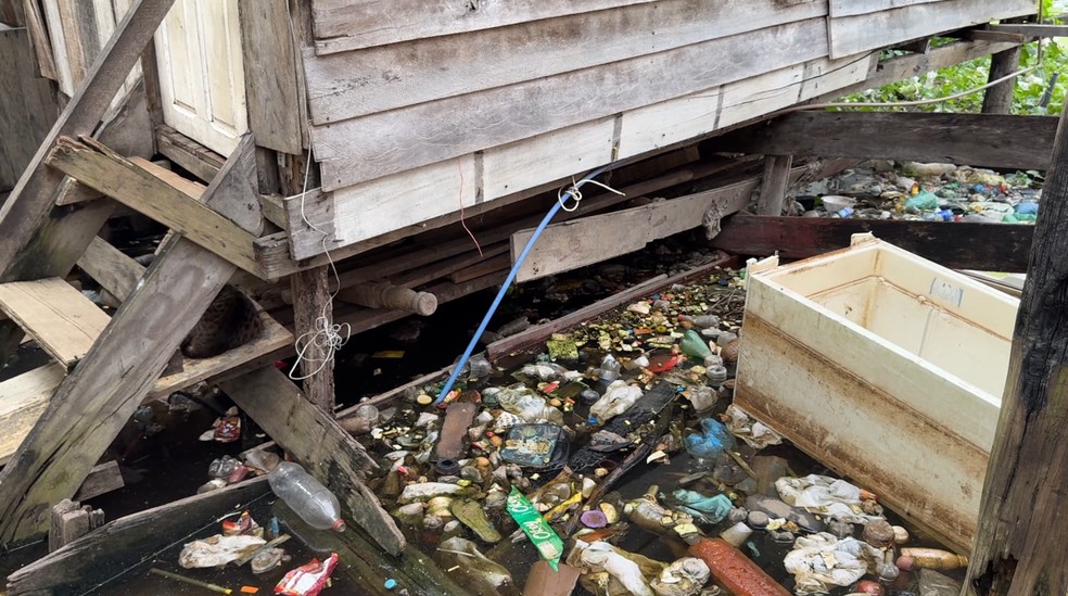 Lixo e água no entorno de casas no bairro Educandos, em Manaus. — Foto: Marcelo Dutra/Rede Amazônica