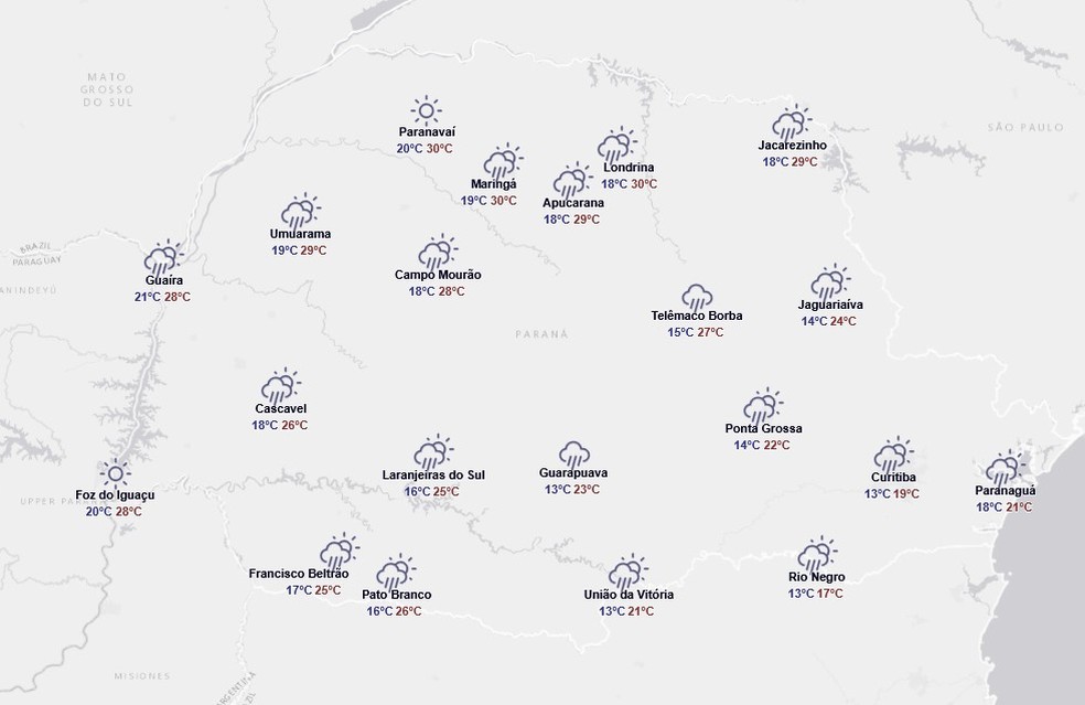 Previsão para domingo, 23 de novembro — Foto: Reprodução/Simepar