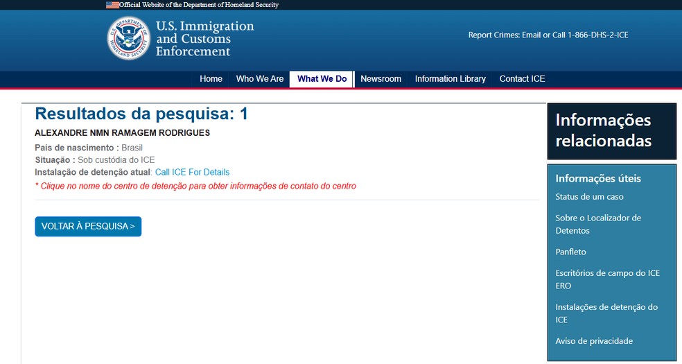 Nome do ex-deputado federal aparece em site do ICE em &aacute;rea de detidos &mdash; Foto: Reprodu&ccedil;&atilde;o/U.S. Immigration and Customs Enforcement