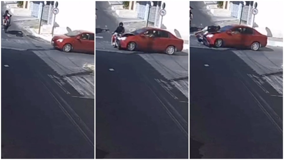 Motociclista é atropelado por carro ao empinar pneu de moto em cruzamento em Crateús. — Foto: Reprodução