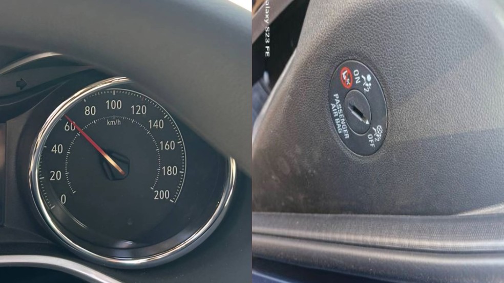 Velocímetro do carro parou em 60km/h, na via de 40km/h | Dispositivo que ativa ou não o airbag do passageiro. — Foto: Polícia Militar/Divulgação
