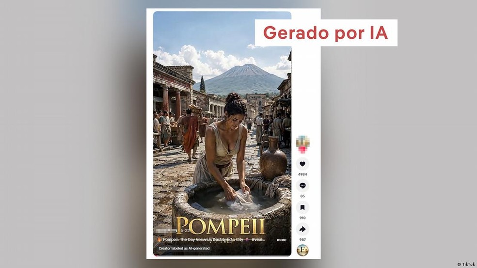 Neste vídeo gerado por IA, aparência da mulher é sensual e não corresponde ao visual típico das mulheres da Roma Antiga — Foto: TikTok/X/YouTube via DW