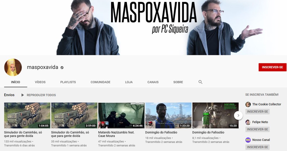 Canal Maspoxavida, de PC Siqueira, antes de ficar indisponível — Foto: Reprodução/Wayback Machine