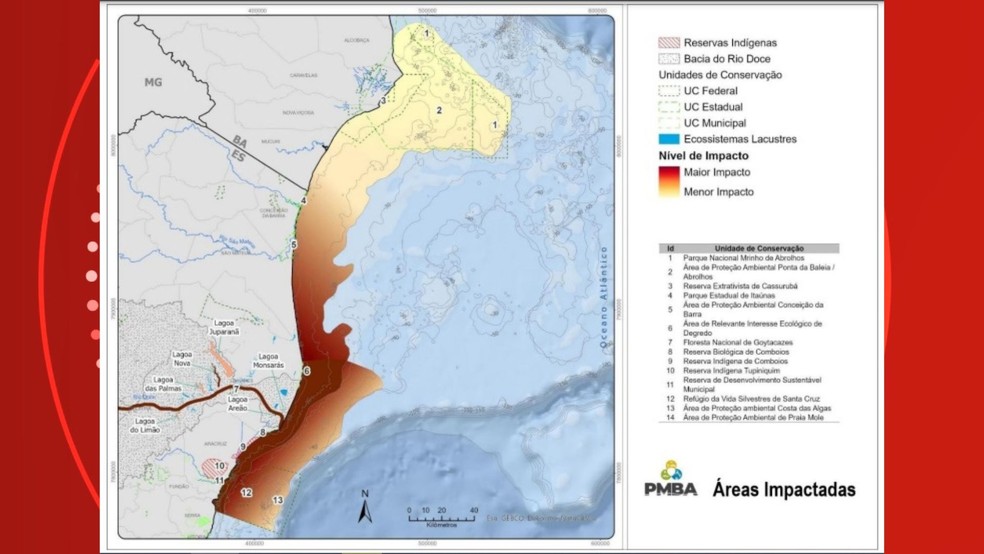 Mapa mostra a extensão do que os rejeitos do rompimento alcançaram no Espírito Santo e Sul da Bahia. — Foto: PMBA/Fest
