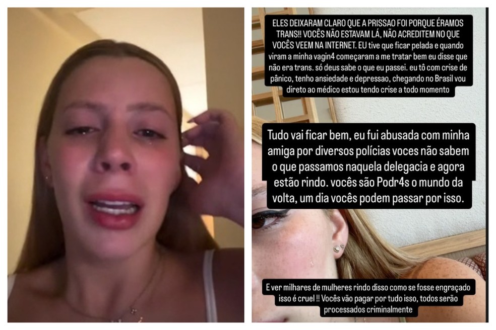 Malévola gravou vídeo no qual chora e diz ter sido 'muito humilhada'. Ela postou denúncias de que ela e a amiga foram presas e abusadas por policiais por serem trans. — Foto: Reprodução/Arquivo pessoal