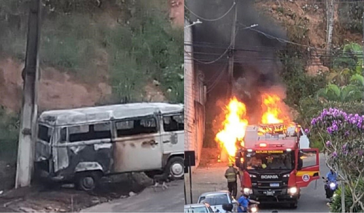 Kombi em chamas desce morro desgovernada e bate em poste em MG; VÍDEO