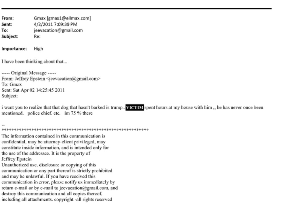E-mail em que Jeffrey Epstein fala sobre suposto conhecimento de Trump sobre o esquema de abusos sexuais do empresário. — Foto: Divulgação/ Partido Democrata