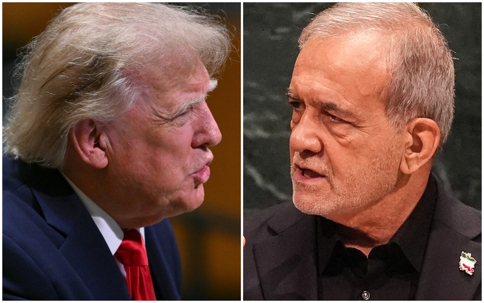 Donald Trump e Masoud Pezeshkian durante seus respectivos discursos na Assembleia Geral da ONU — Foto: Angela Weiss/AFP; Heather Khalifa/AP