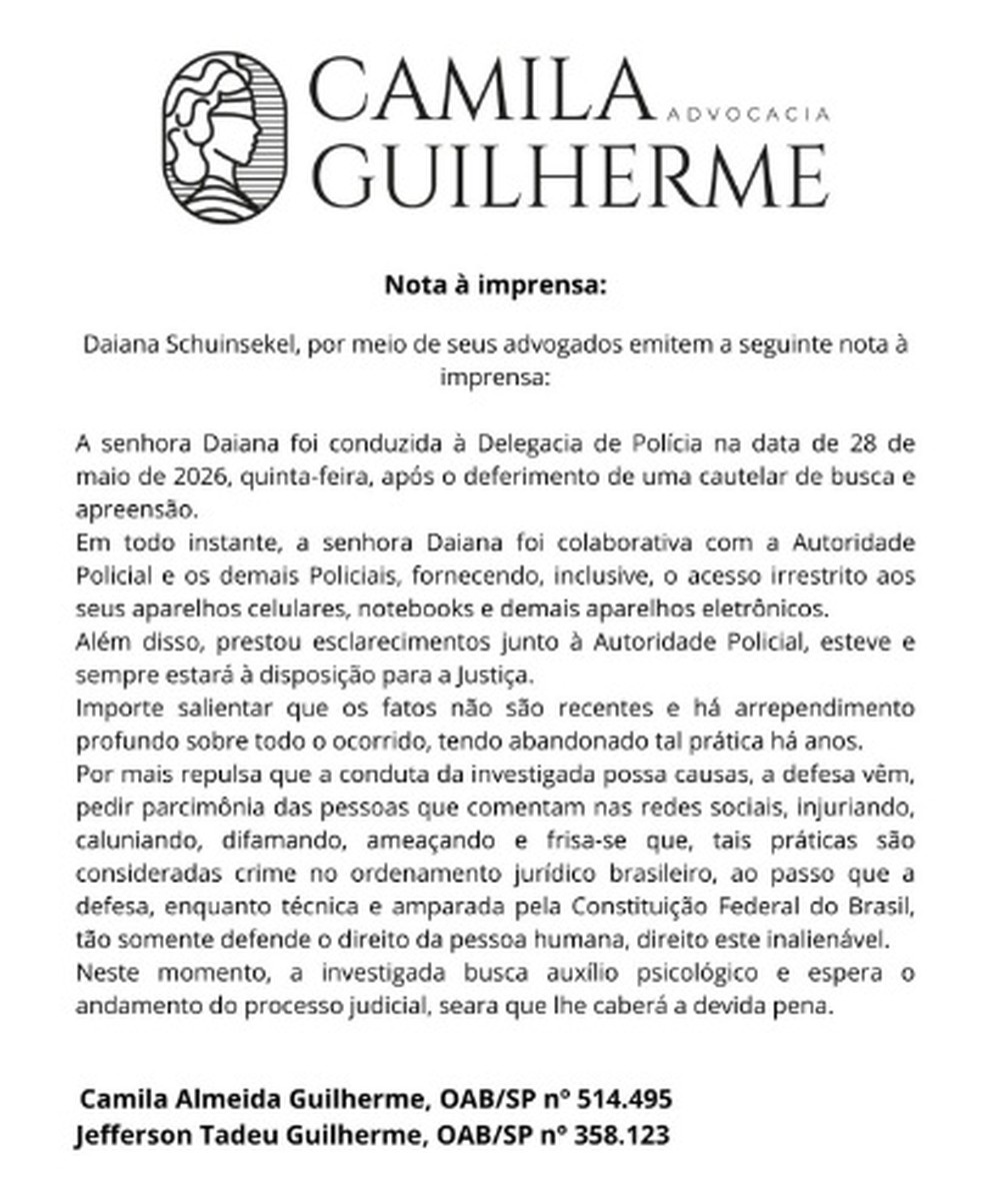 Nota de defesa de Diana de Almeida, investigada pela Polícia Civil por violência contra animais. — Foto: Reprodução/Redes Sociais