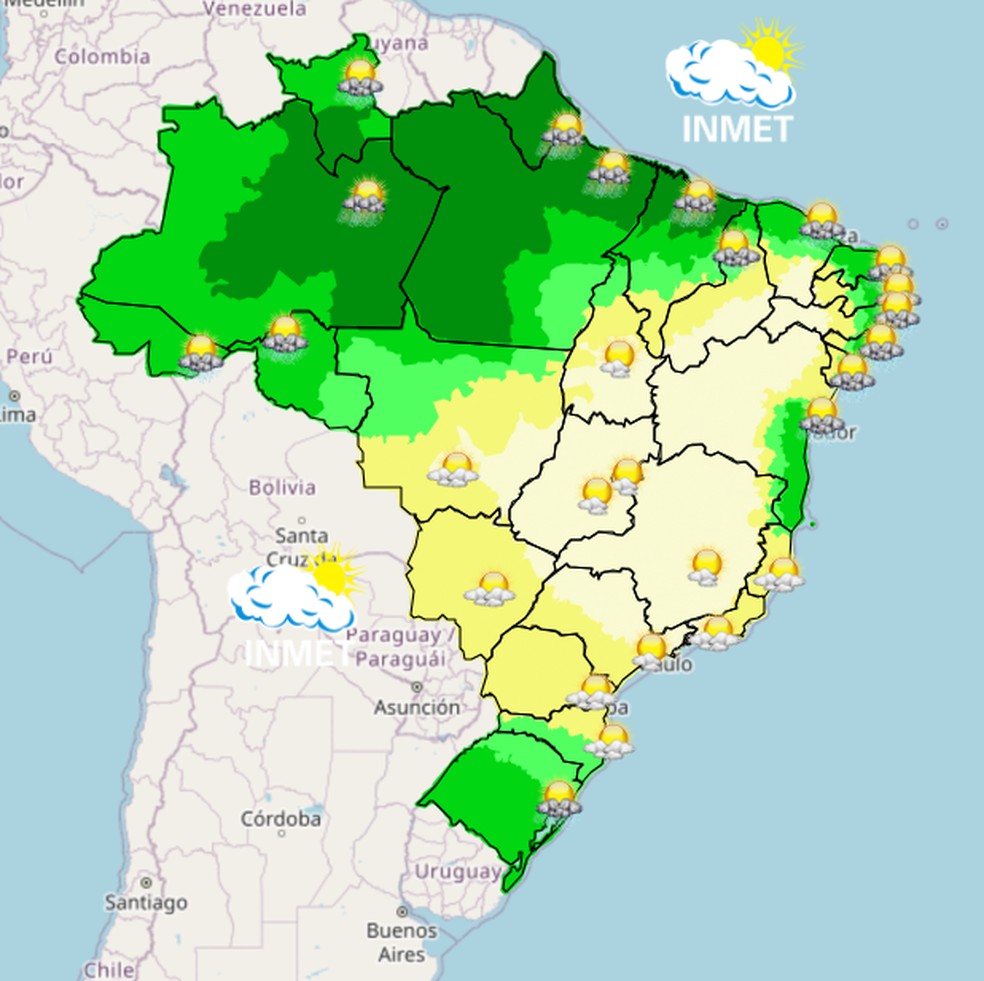 Mapa mostra previsão de chuva para esta quarta (06) em todo o Brasil. — Foto: Inmet/Reprodução