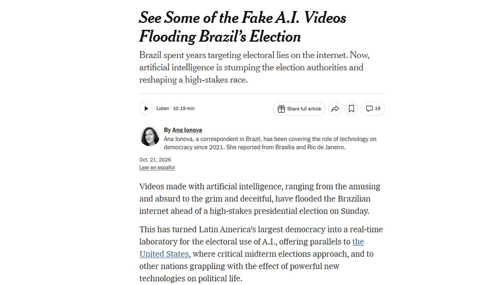 Reportagem do jornal New York Times, dos Estados Unidos, sobre a expectativa para o 2º turno das eleições brasileiras em outubro de 2026. — Foto: Reprodução/The New York Times