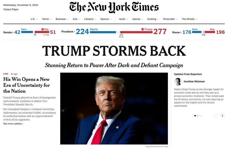 Jornal americano The New York Times destaca a vitória de Donald Trump como presidente dos Estados Unidos — Foto: Reprodução