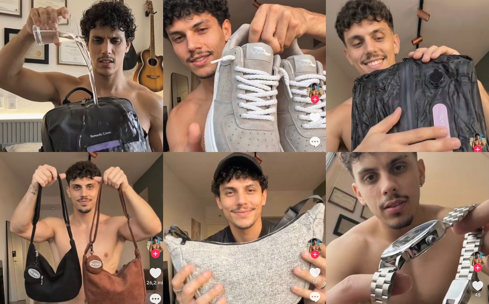 Roupas, calçados, bolsas, relógios... alguns dos produtos vendidos por "Lucas Barroso", influenciador criado por IA, no Tik Tok. — Foto: Redes sociais