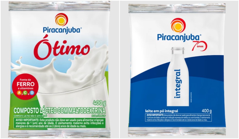Composto lcteo (nova embalagem) e leite em p integral da Piracanjuba, alvos de multa do MPMG.  Foto: Reproduo/Piracanjuba