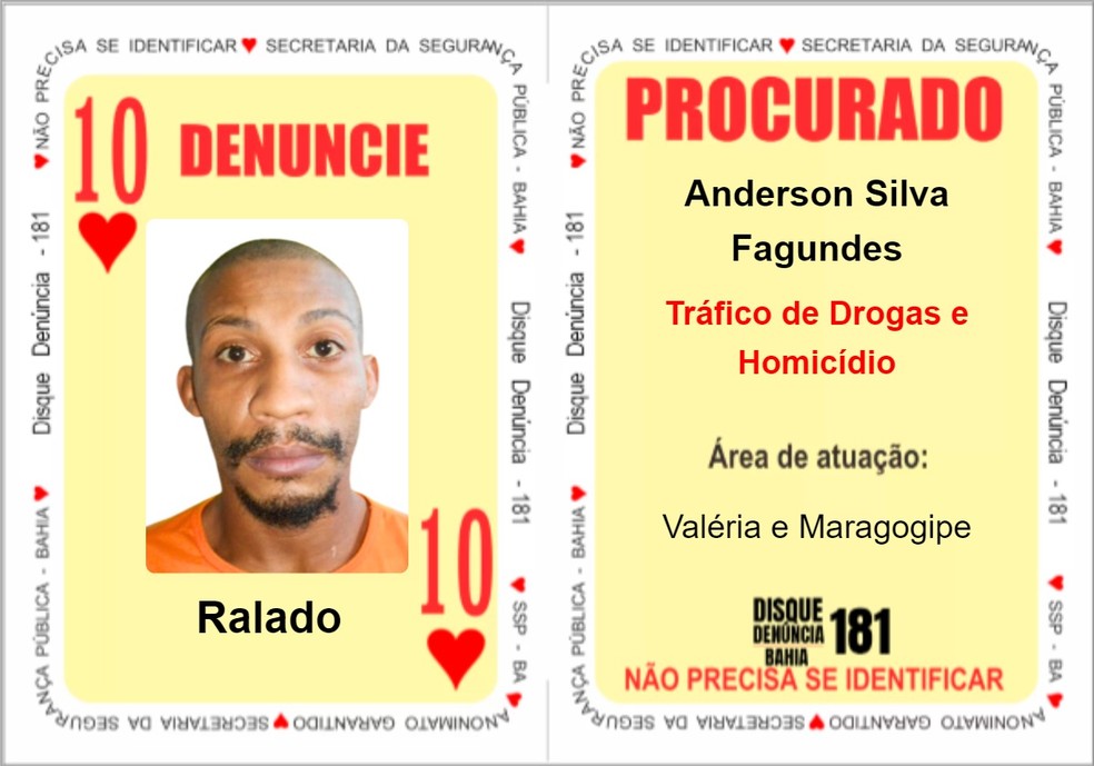 Na carta "Dez de Copas" foi inserido Anderson Silva Fagundes, conhecido como “Ralado”. — Foto: Divulgação/SSP-BA