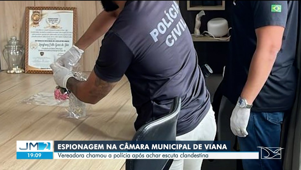 Polícia encontra equipamento de espionagem no gabinete da presidente da Câmara de Viana, no MA — Foto: Reprodução/ TV Mirante