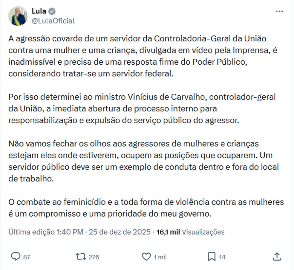 Publicação do presidente em rede social — Foto: Redes Sociais/Reprodução