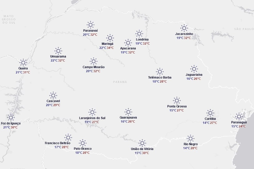 Previsão do tempo para sexta-feira, 22 de agosto. — Foto: Simepar/Reprodução