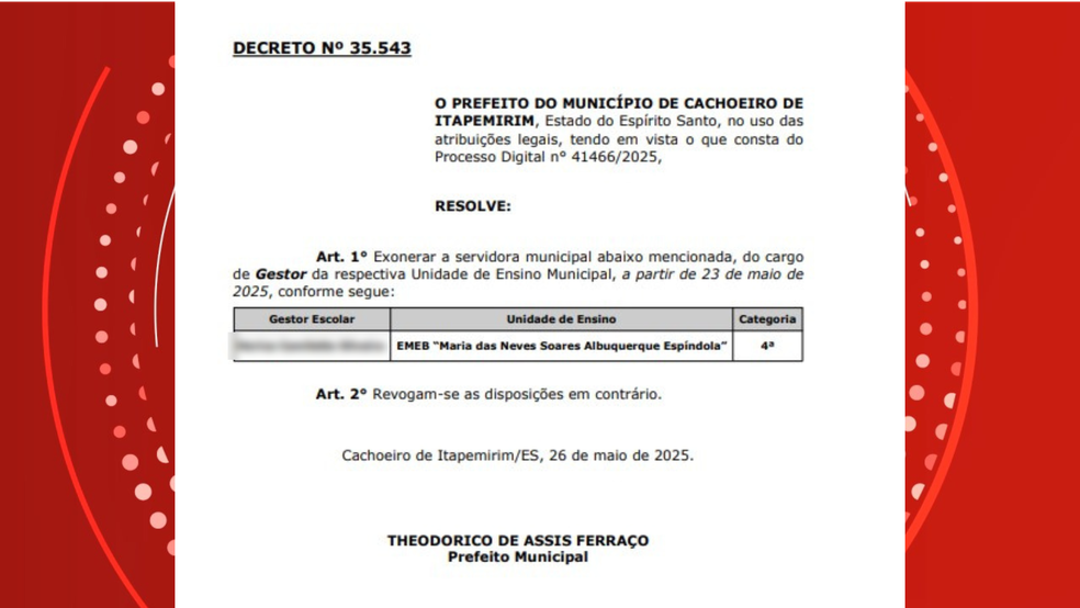 Exoneração de diretora foi divulgada no Diário Oficial de Cachoeiro de Itapemirim, no Espírito Santo — Foto: Reprodução/ Diário Oficial