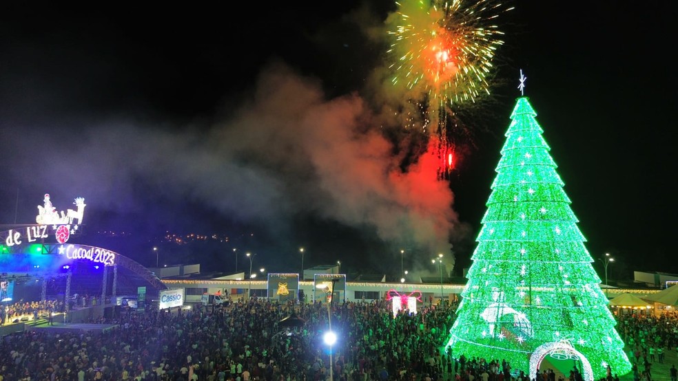 Luzes da árvore de natal com 30 metros são acendidas na cidade de Cacoal (RO) — Foto: Reprodução