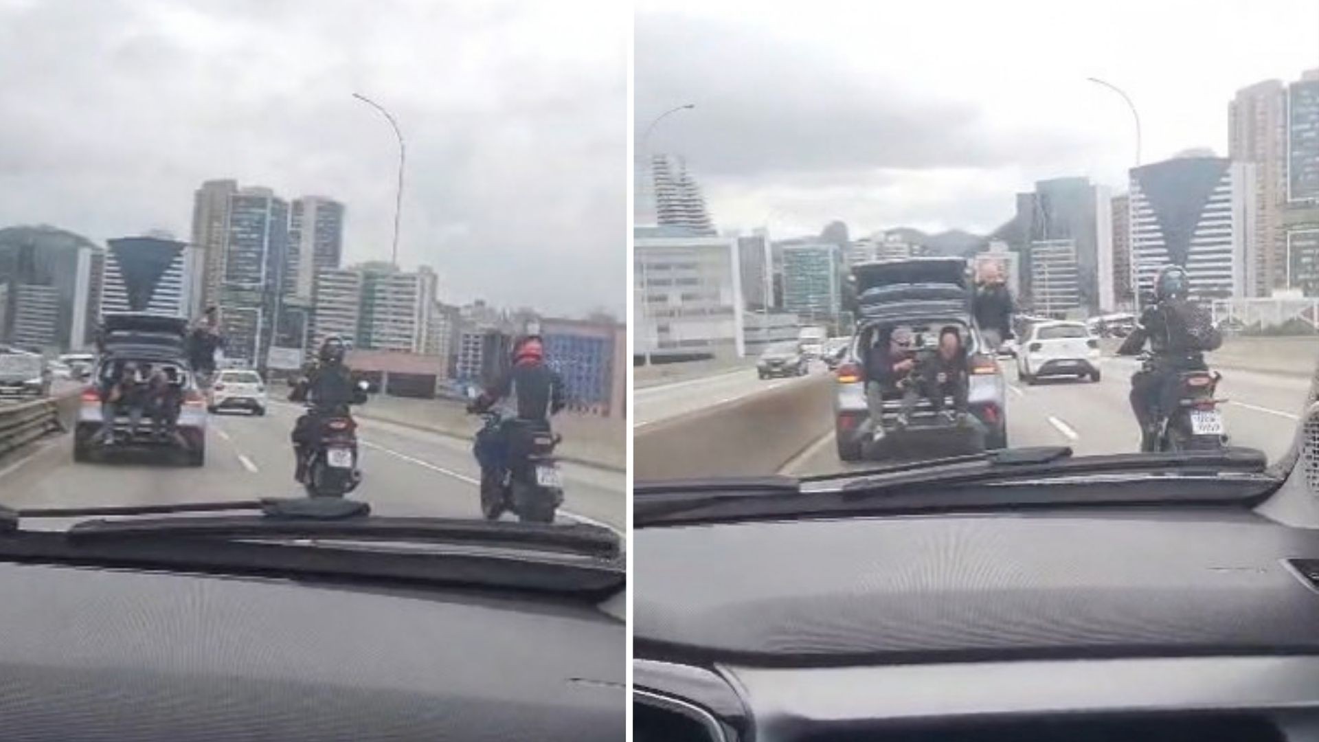 Homens são flagrados em porta-malas aberto e com o corpo para fora de janela de carro na Terceira Ponte; veja VÍDEO