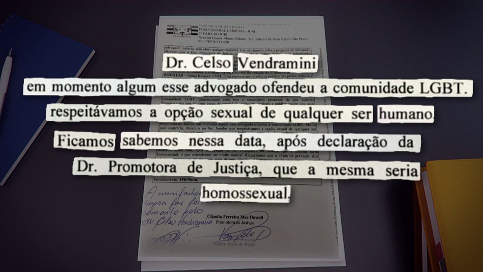 Advogado acusado pediu para citar na ata de audiência que não sabia da orientação sexual da promotora — Foto: TV Globo/reprodução