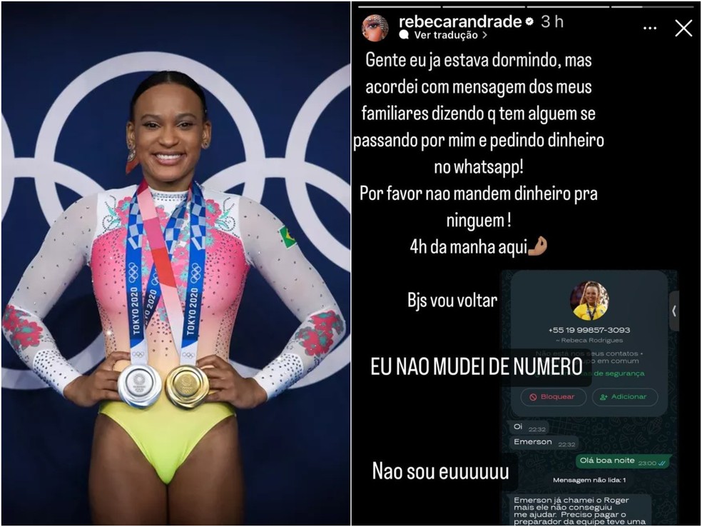 Rebeca Andrade é alvo do golpe do 'falso familiar' no WhatsApp; veja como se proteger — Foto: Reprodução/Instagram