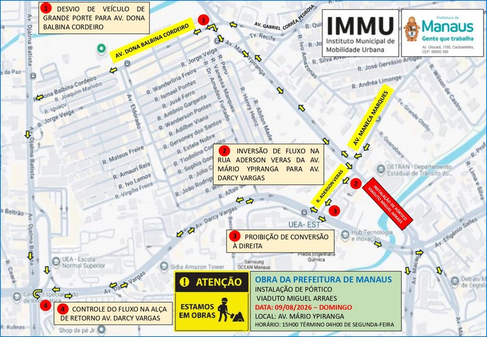Prefeitura de Manaus informa interdição temporária para instalação de novo pórtico de sinalização — Foto: Foto: Divulgação