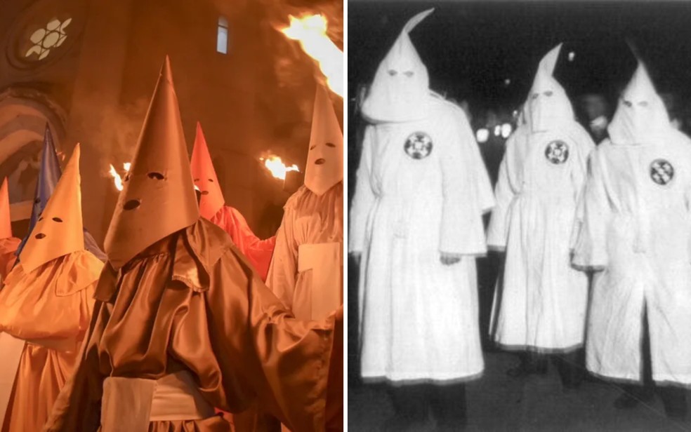 Túnica usada por farricocos é confundida com a Ku Klux Klan — Foto: Vitor Santana/g1 e Reprodução/National Photo Company Collection