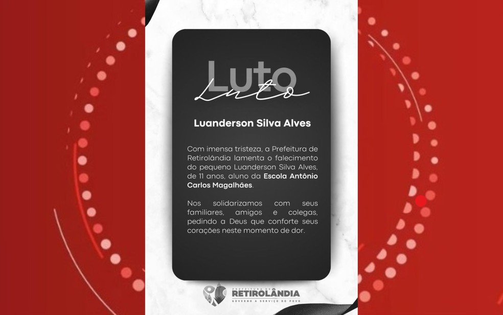 Prefeitura de Retirolândia lamentou a morte do garoto. — Foto: Redes Sociais
