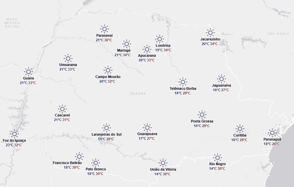 Previsão do tempo do Simepar para domingo, 5 de outubro — Foto: Reprodução/Simepar