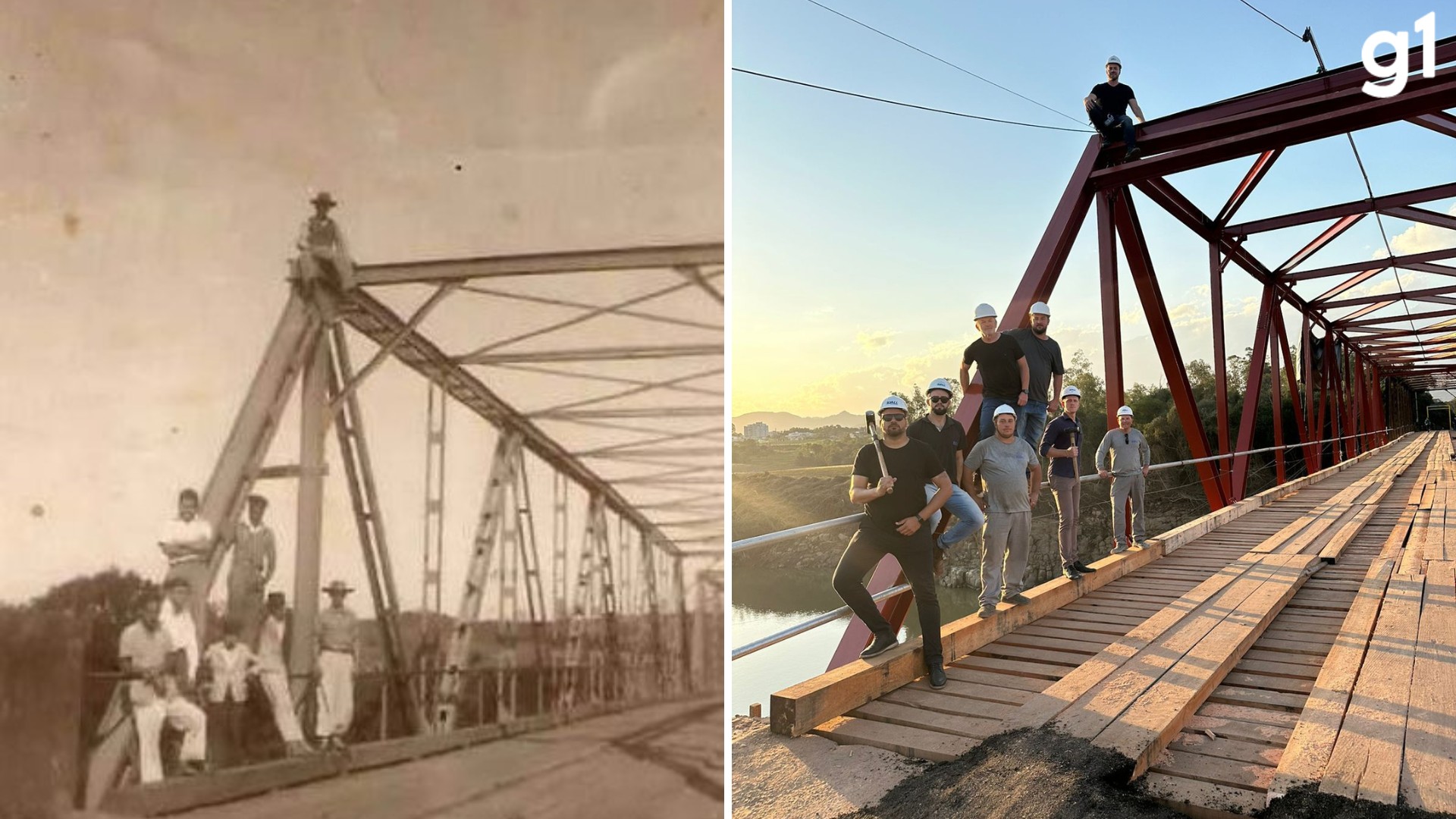 Empresários e moradores recriam foto de 1939 após reconstrução de ponte atingida por enchente no RS