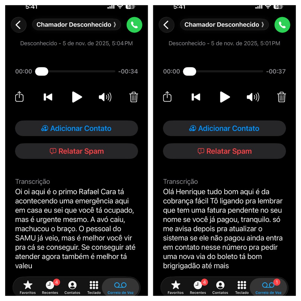 Transcrição de ligações atendidas automaticamente no iPhone fica salva no Correio de Voz do aparelho — Foto: Reprodução