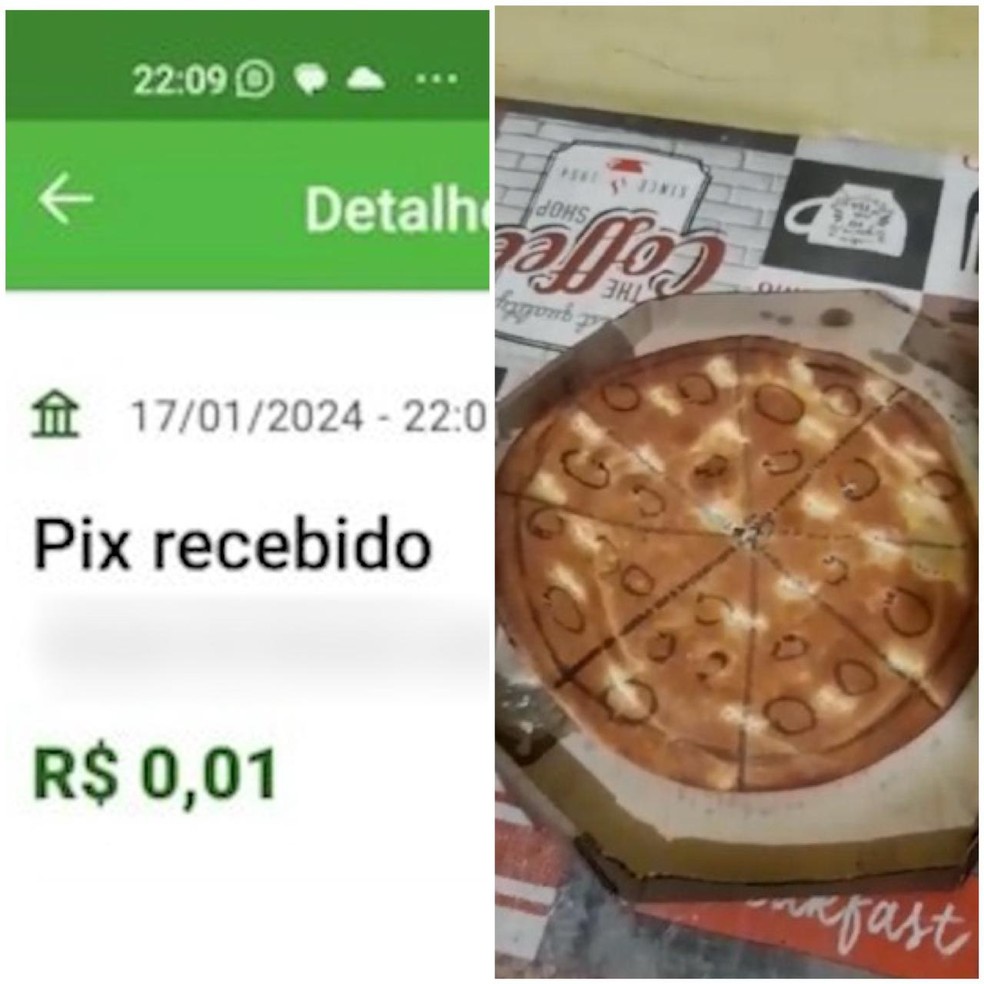 Pizzaria recebe Pix de R$ 0,01 e envia pizza de papelão — Foto: Montagem/Arquivo Pessoal