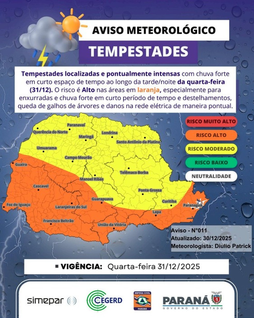 Aviso meteorológico — Foto: Reprodução/Defesa Civil