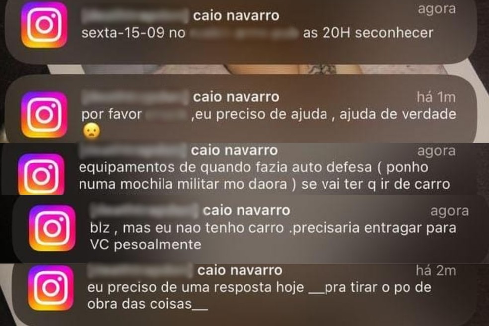 Prints mostram as mensagens que Caio enviou ao funcionrio oferecendo as facas. O mesmo homem foi esfaqueado pelo suspeito dois dias depois — Foto: Arquivo Pessoal