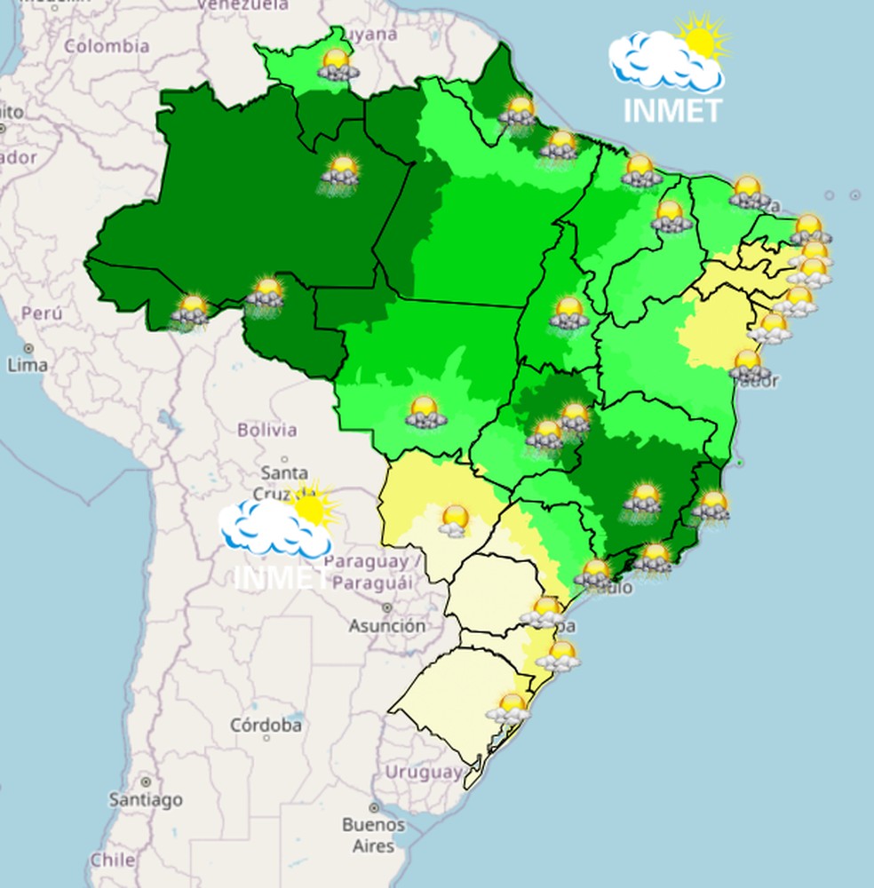 Mapa mostra previsão de chuva para esta sexta (23) em todo o Brasil. — Foto: Inmet/Reprodução
