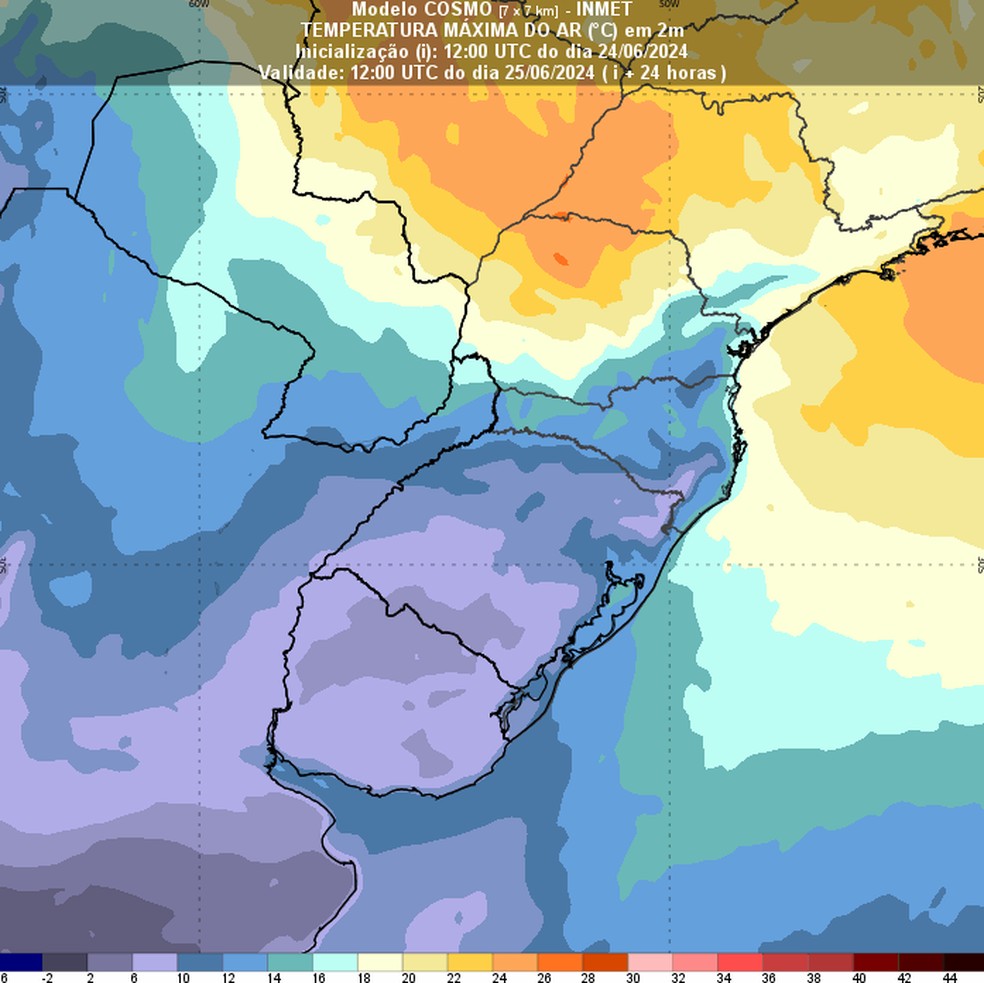 Estados do Sul devem ter quedas significativas nas temperaturas nesta terça-feira (25). — Foto: Inmet