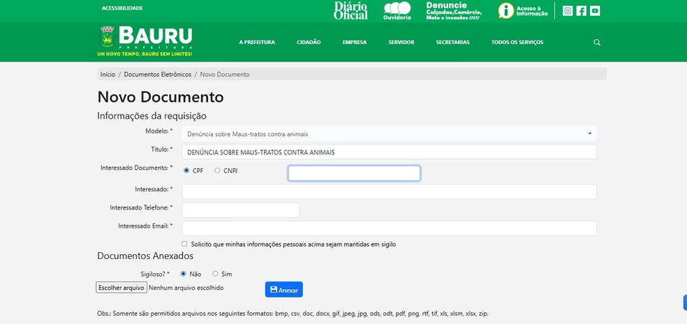 Cidadãos podem fazer denúncias de maus-tratos contra animais em site da Prefeitura de Bauru (SP) — Foto: Reprodução