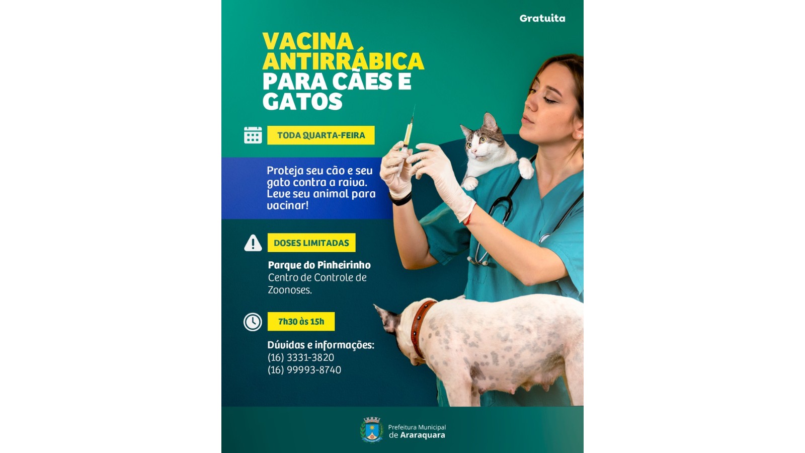 Centro de Zoonoses realiza vacinação gratuita contra raiva para cães e gatos