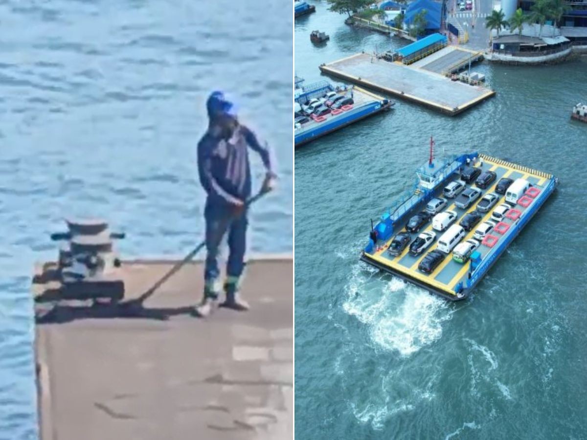 Funcionário é flagrado em balsa despejando resíduos de obras no mar; VÍDEO