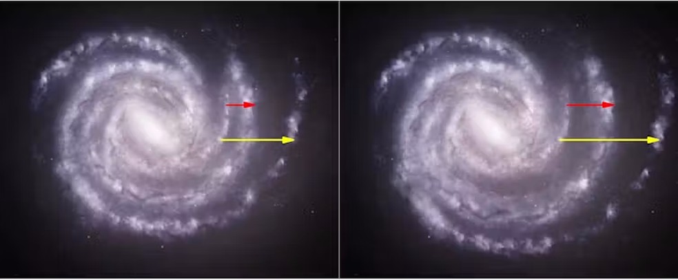 Representação artística da Via Láctea detalhando as mudanças nas distâncias entre os braços mais externos de nossa galáxia (imagem à esquerda, as dimensões da Via Láctea com os dados utilizados até o momento; imagem à direita, as novas dimensões com base no novo estudo). — Foto: NASA/CXC/A. Hobart., CC BY