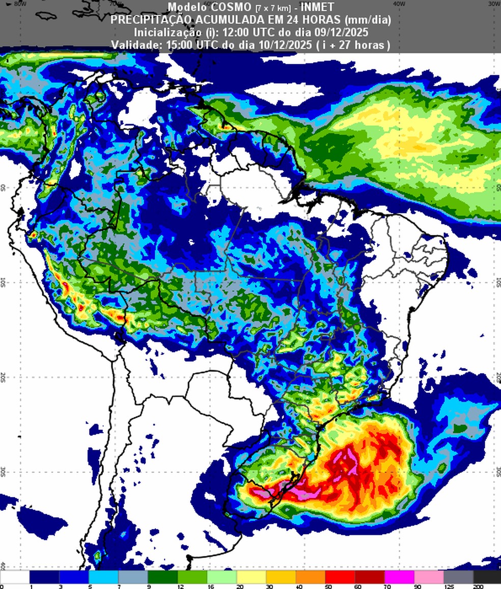 Mapa de precipitação acumulada mostra o ciclone na faixa inferior esquerda, próximo ao litoral do Rio Grande do Sul. — Foto: Inmet