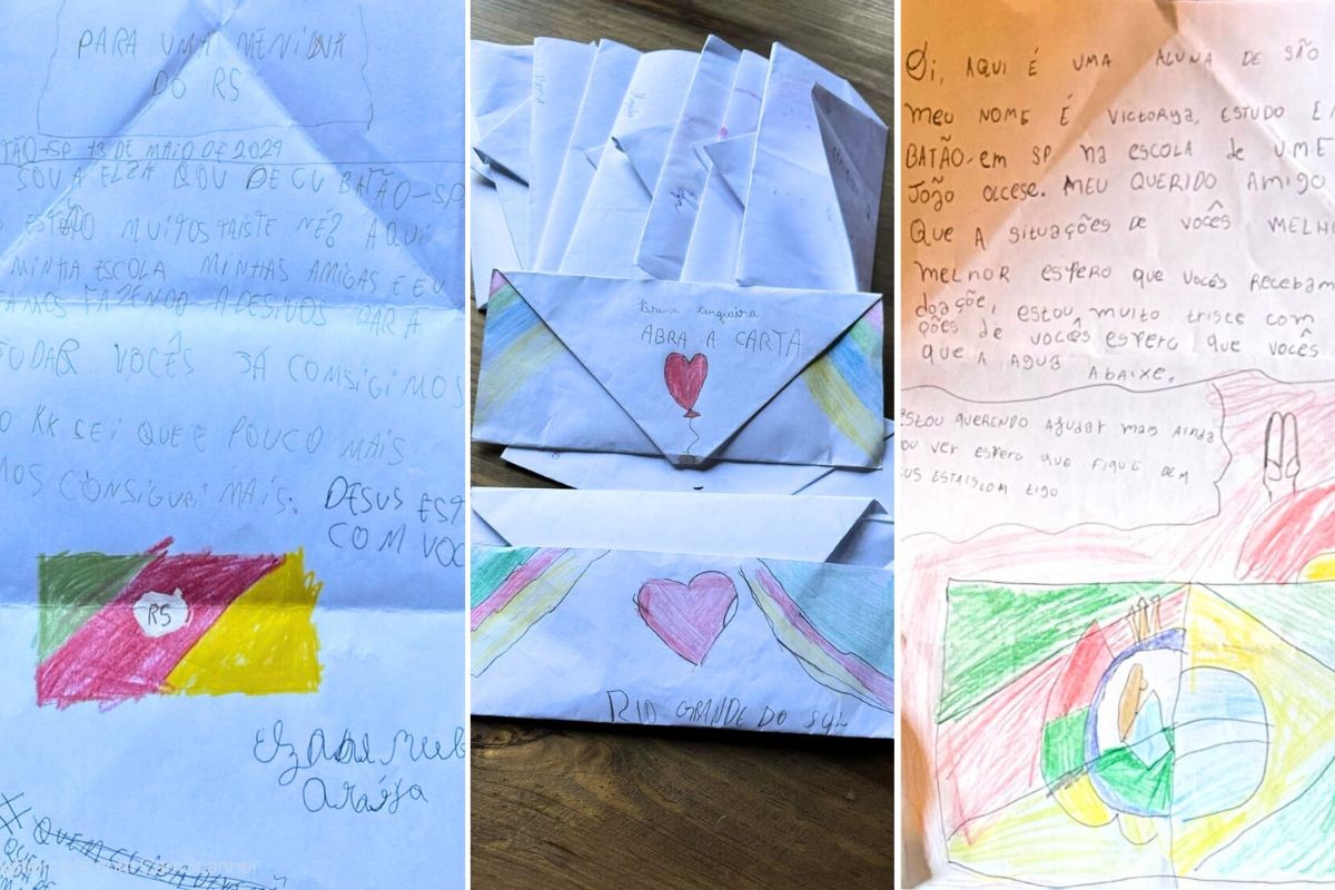 Estudantes escrevem cartas solidárias e enviam com doações às vítimas: 